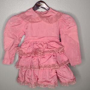 Vtg Handmade Girls Toddler Dress Pink Tiered Lace Trim Collar L/S Formal B16